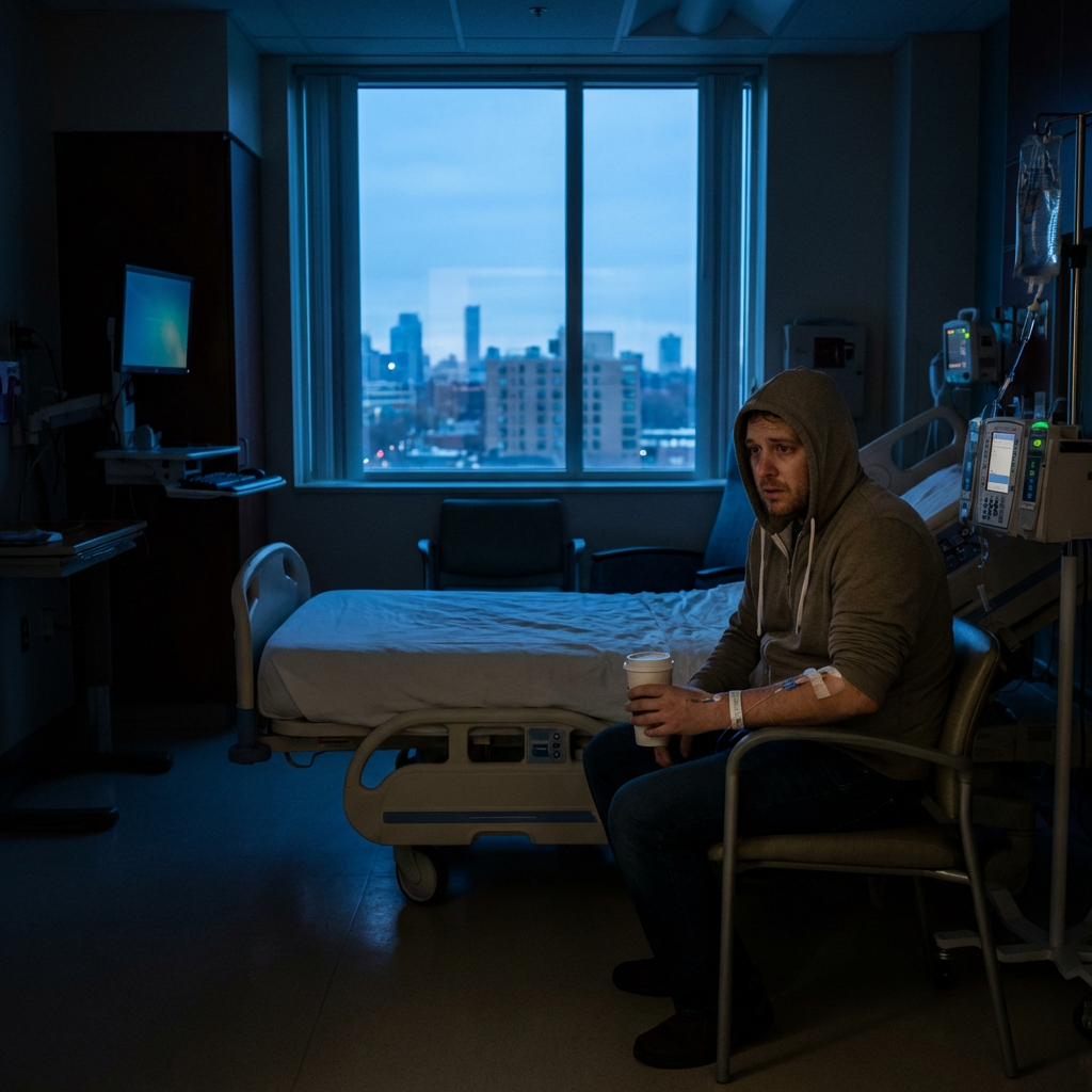 Man with an IV sits in a chair beside an empty hospital bed at twilight.