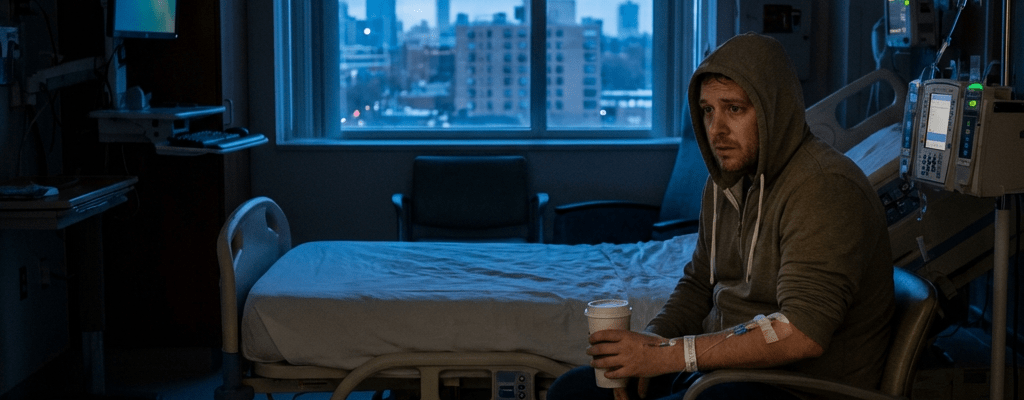 Man with an IV sits in a chair beside an empty hospital bed at twilight.