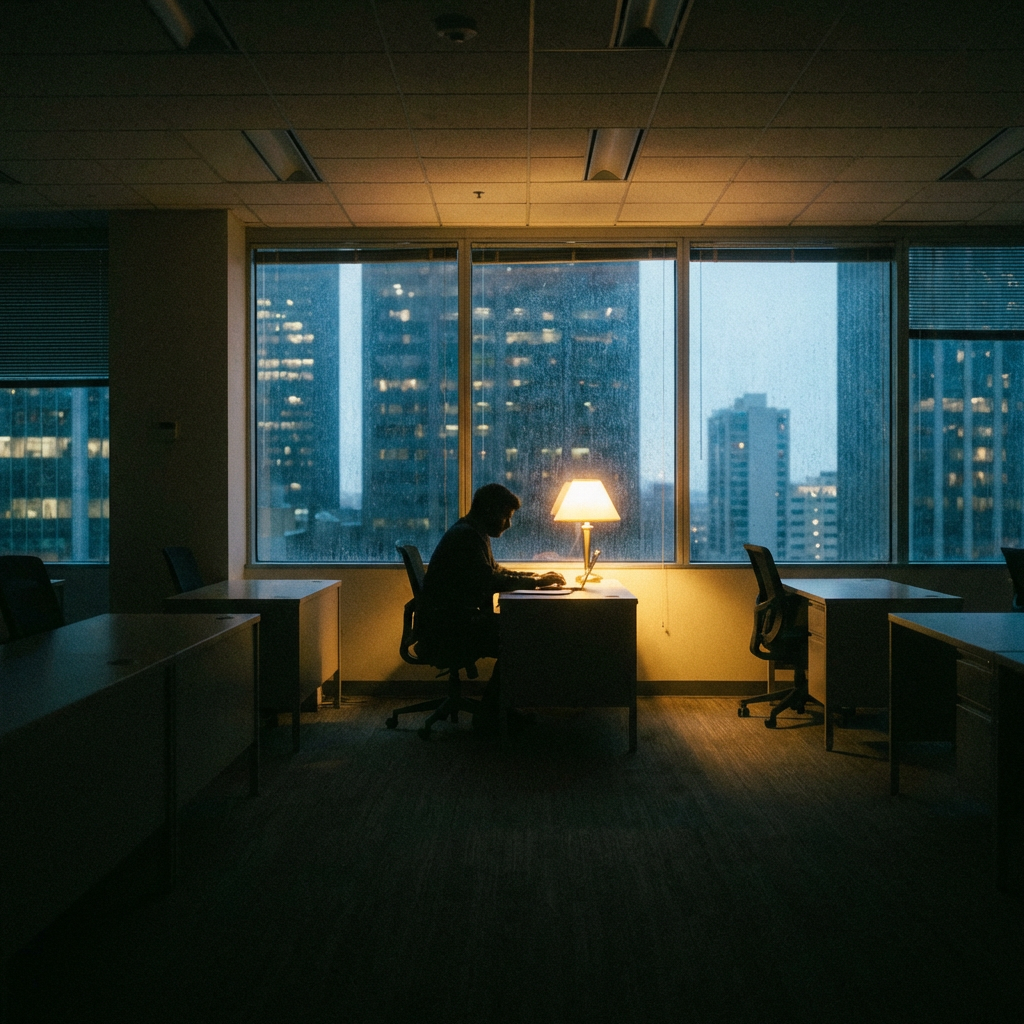 Silhouette of a person working at a lamp-lit desk in a dark high-rise office.
