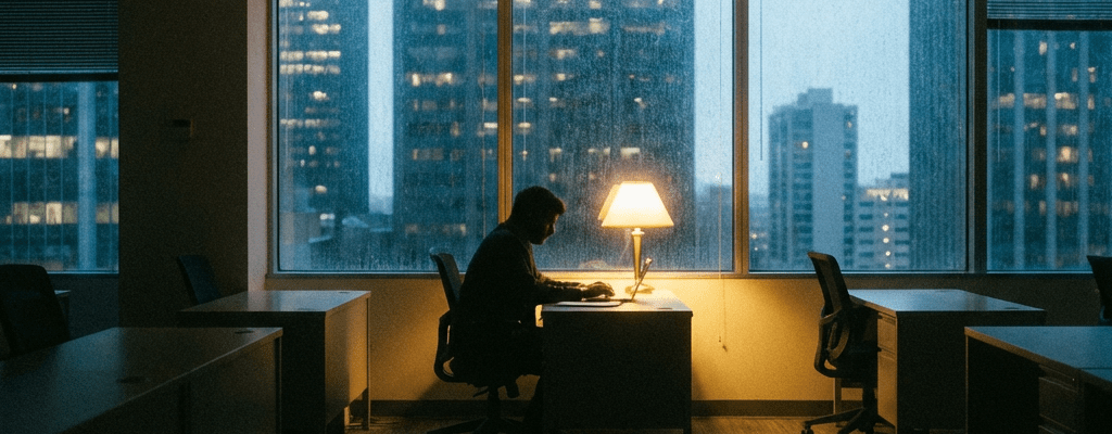 Silhouette of a person working at a lamp-lit desk in a dark high-rise office.