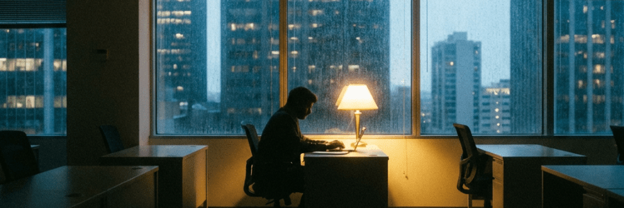 Silhouette of a person working at a lamp-lit desk in a dark high-rise office.