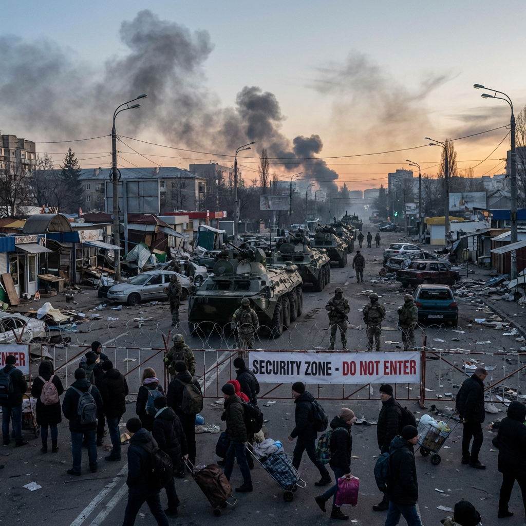 Soldiers and armored vehicles at a SECURITY ZONE - DO NOT ENTER checkpoint with rising smoke.