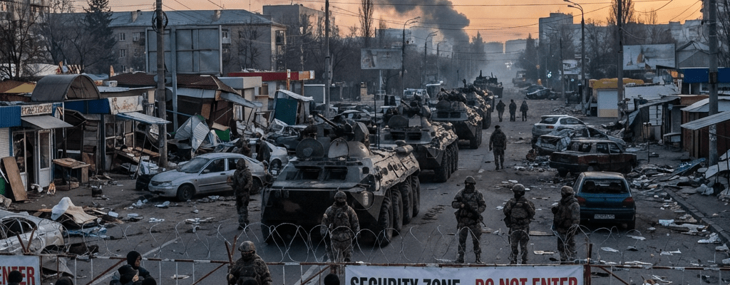 Soldiers and armored vehicles at a SECURITY ZONE - DO NOT ENTER checkpoint with rising smoke.