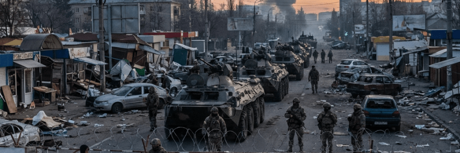 Soldiers and armored vehicles at a SECURITY ZONE - DO NOT ENTER checkpoint with rising smoke.