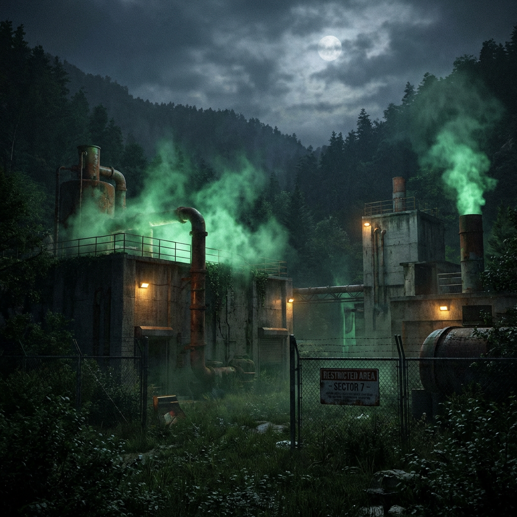 Industrial facility emitting green gas with a RESTRICTED AREA - SECTOR 7 - sign.