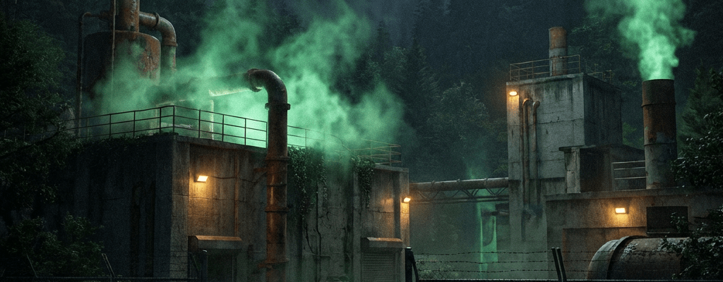 Industrial facility emitting green gas with a RESTRICTED AREA - SECTOR 7 - sign.