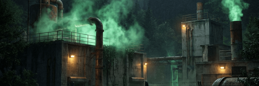 Industrial facility emitting green gas with a RESTRICTED AREA - SECTOR 7 - sign.