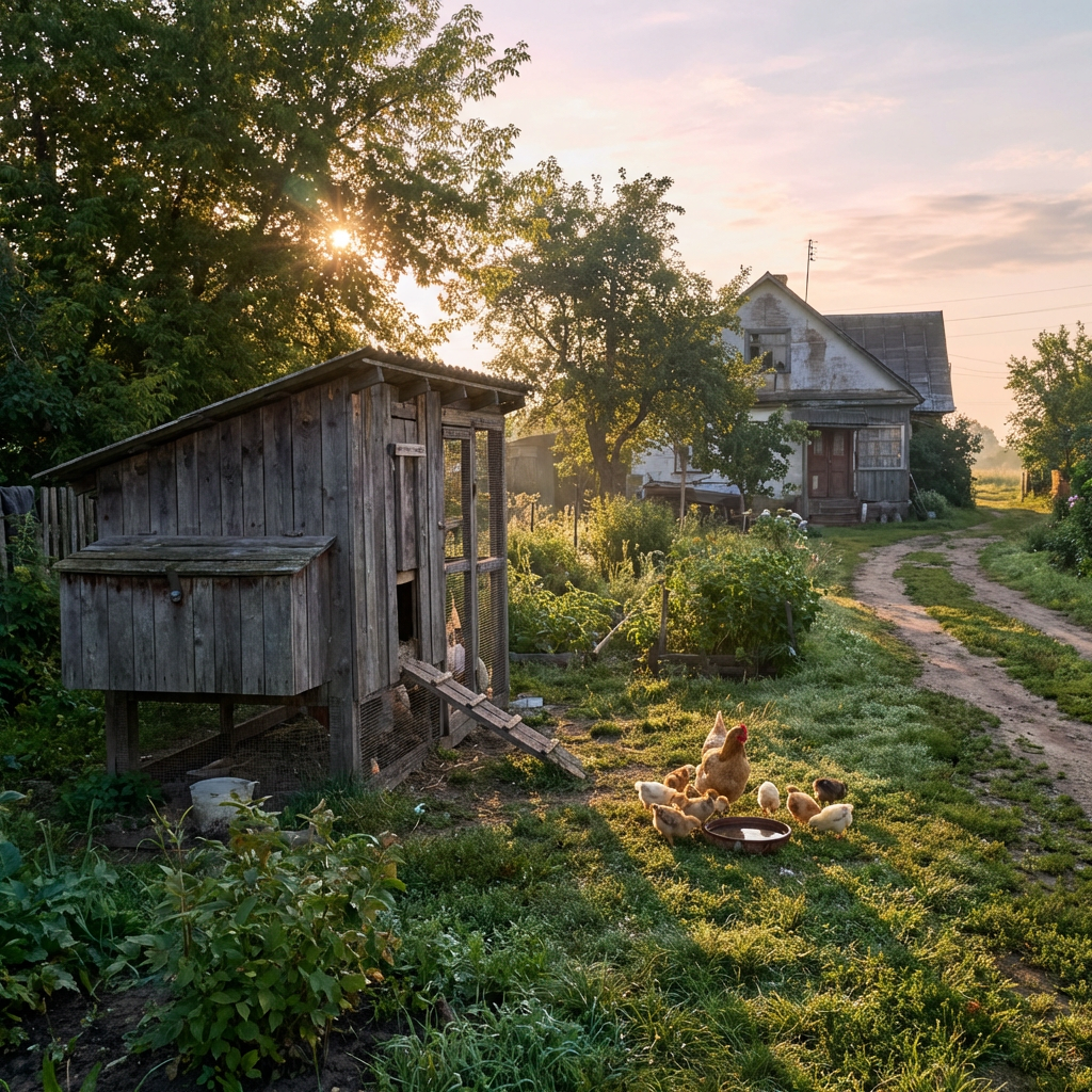 A hen and chicks forage in a garden near a rustic wooden chicken coop.