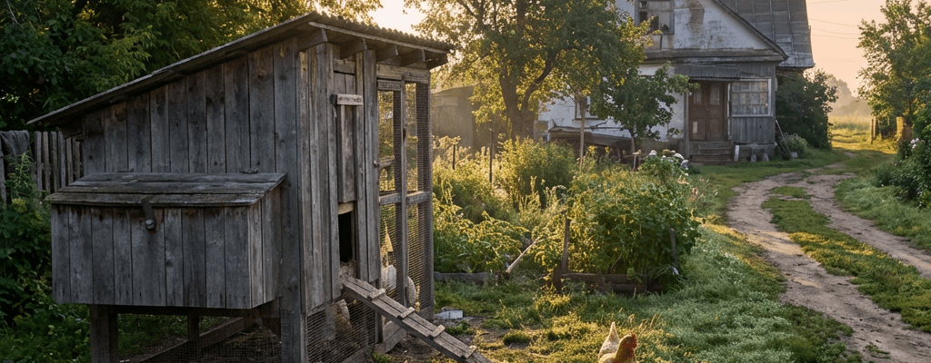 A hen and chicks forage in a garden near a rustic wooden chicken coop.