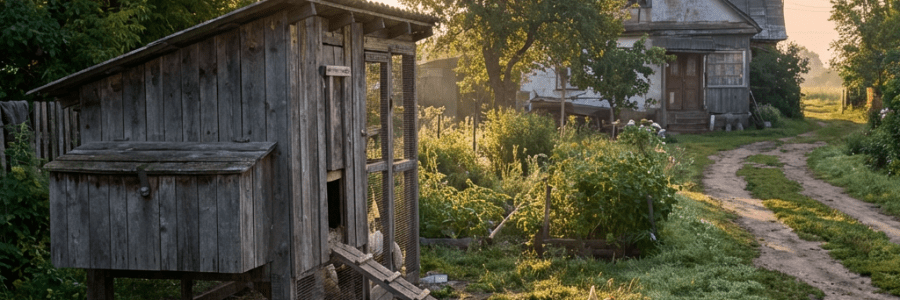 A hen and chicks forage in a garden near a rustic wooden chicken coop.
