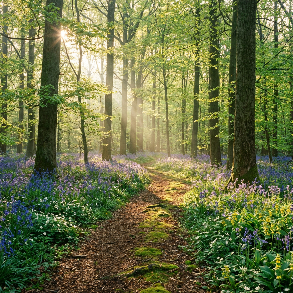 Sunlit dirt path winding through a forest carpeted with blooming purple bluebells.