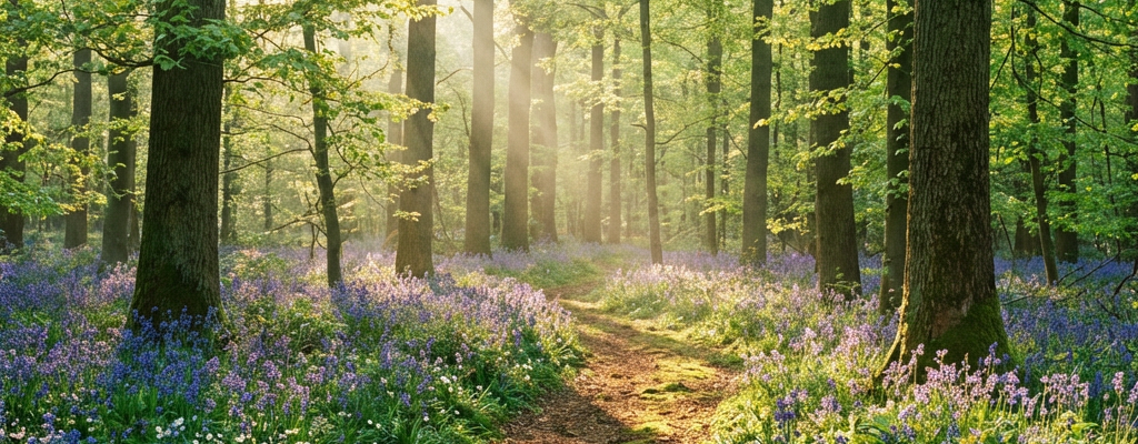 Sunlit dirt path winding through a forest carpeted with blooming purple bluebells.