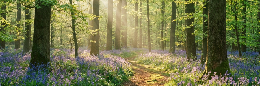 Sunlit dirt path winding through a forest carpeted with blooming purple bluebells.
