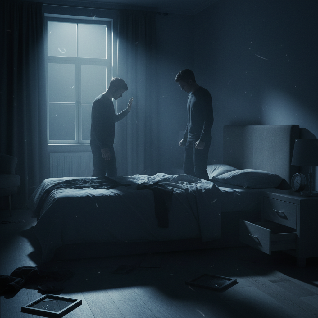 Two ghostly figures of the same man stand in a dark, cluttered bedroom.