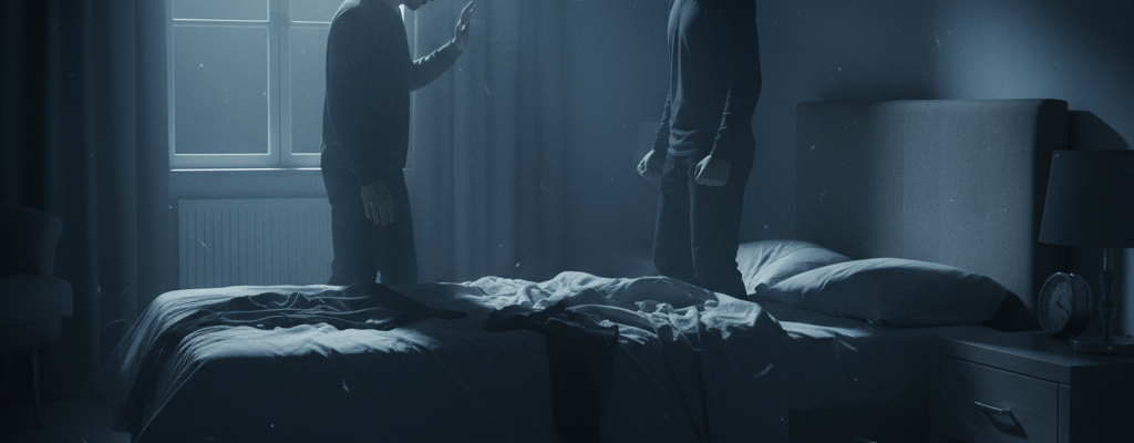 Two ghostly figures of the same man stand in a dark, cluttered bedroom.