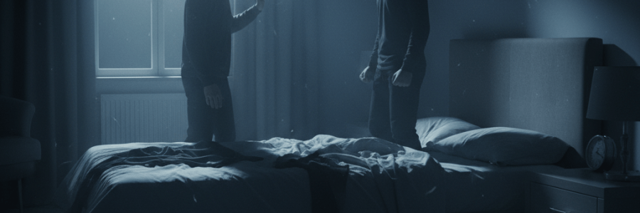 Two ghostly figures of the same man stand in a dark, cluttered bedroom.