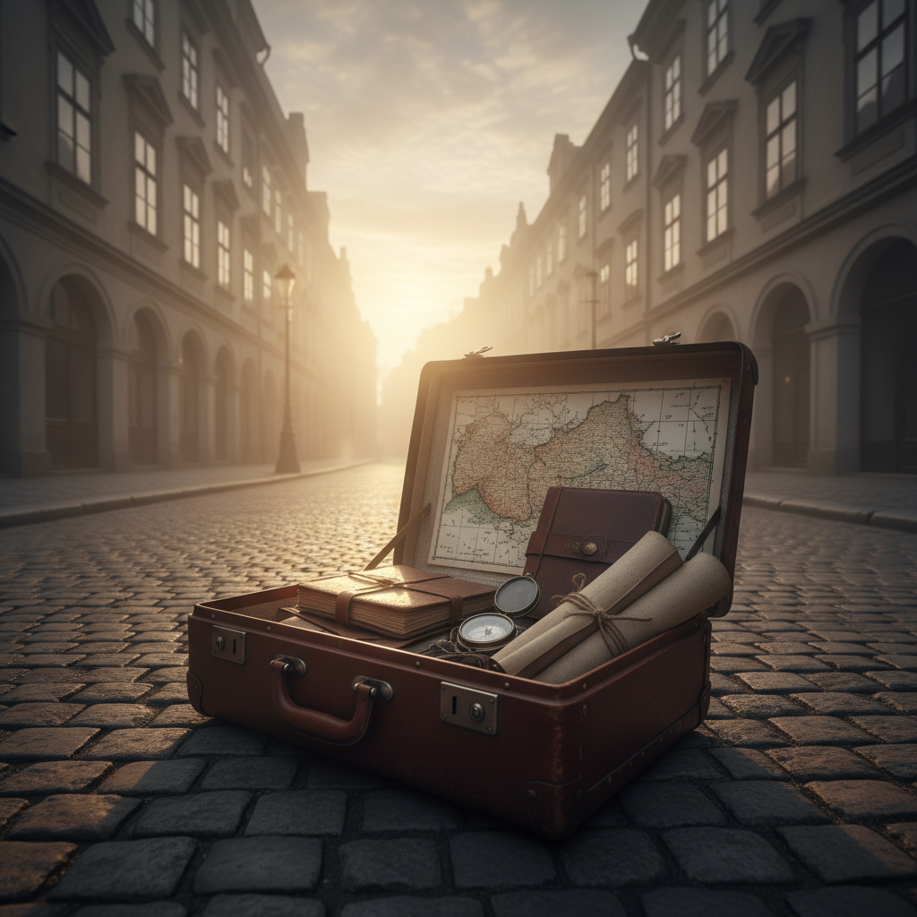 An open vintage suitcase with a map and books on a cobblestone street at sunrise.
