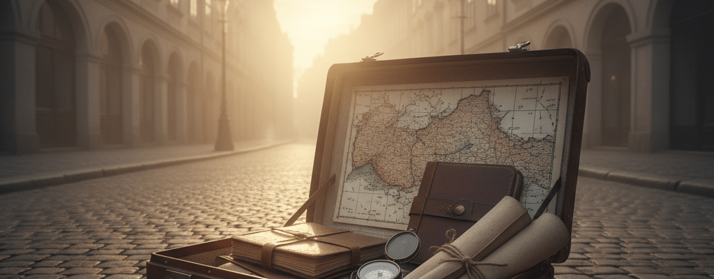 An open vintage suitcase with a map and books on a cobblestone street at sunrise.