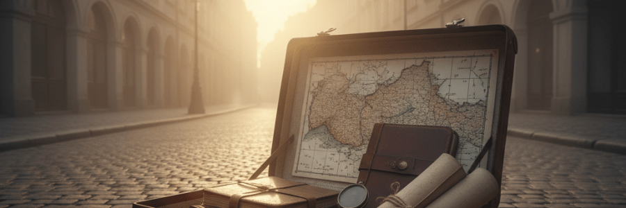 An open vintage suitcase with a map and books on a cobblestone street at sunrise.