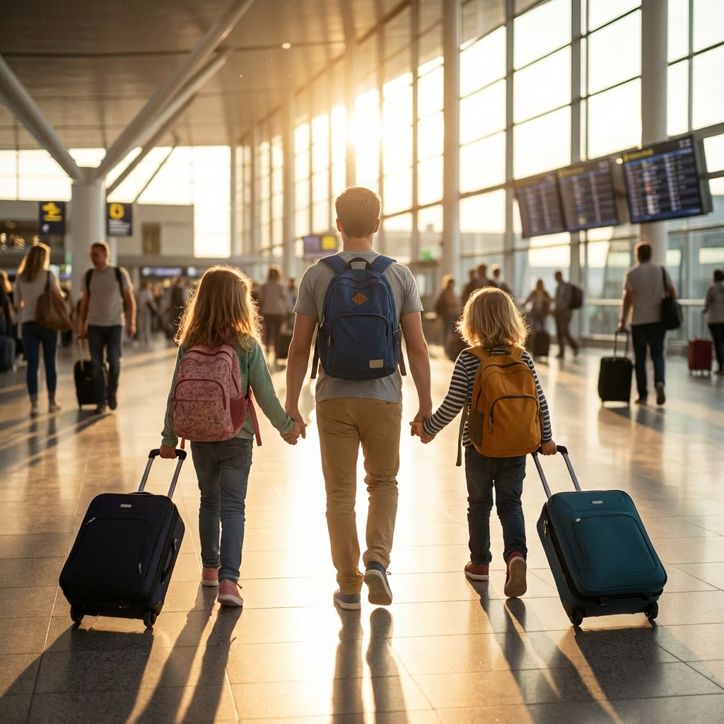Three young children holding hands and pulling suitcases through a sunny airport terminal.