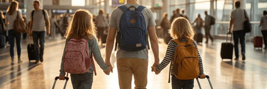 Three young children holding hands and pulling suitcases through a sunny airport terminal.