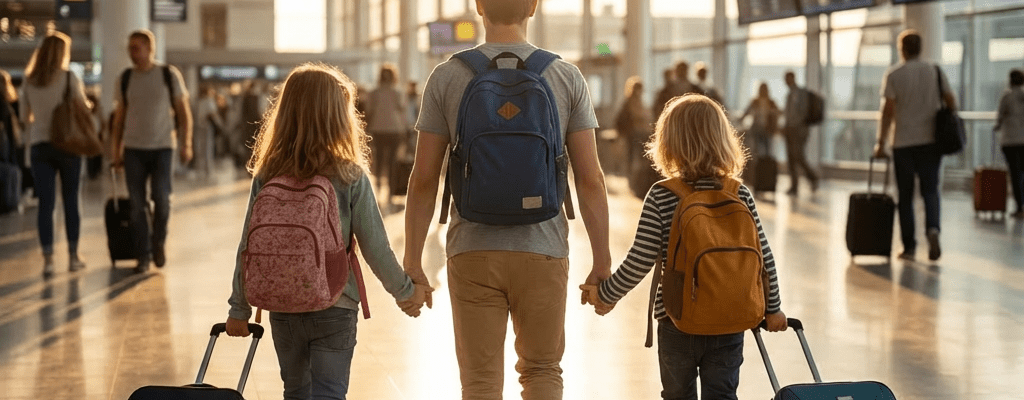 Three young children holding hands and pulling suitcases through a sunny airport terminal.