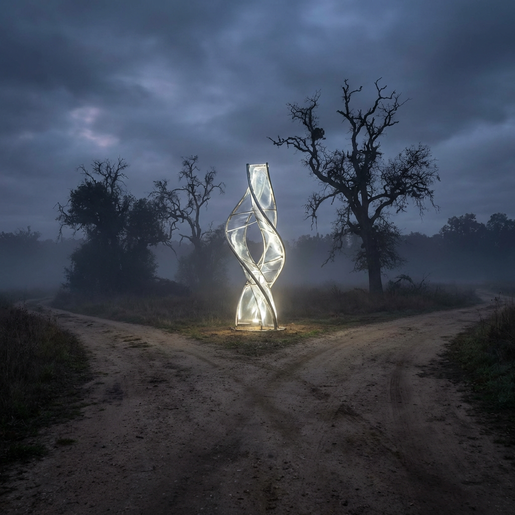 A luminous twisted sculpture stands at a crossroads in a misty forest at dusk.