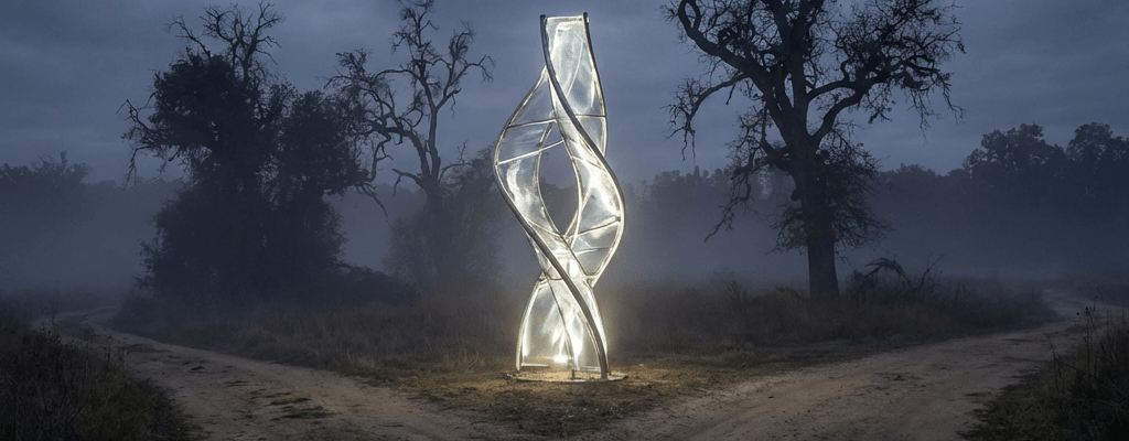 A luminous twisted sculpture stands at a crossroads in a misty forest at dusk.