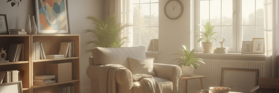 Sunlit living room with an armchair, houseplants, and open cardboard moving boxes on the floor.