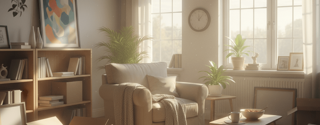 Sunlit living room with an armchair, houseplants, and open cardboard moving boxes on the floor.
