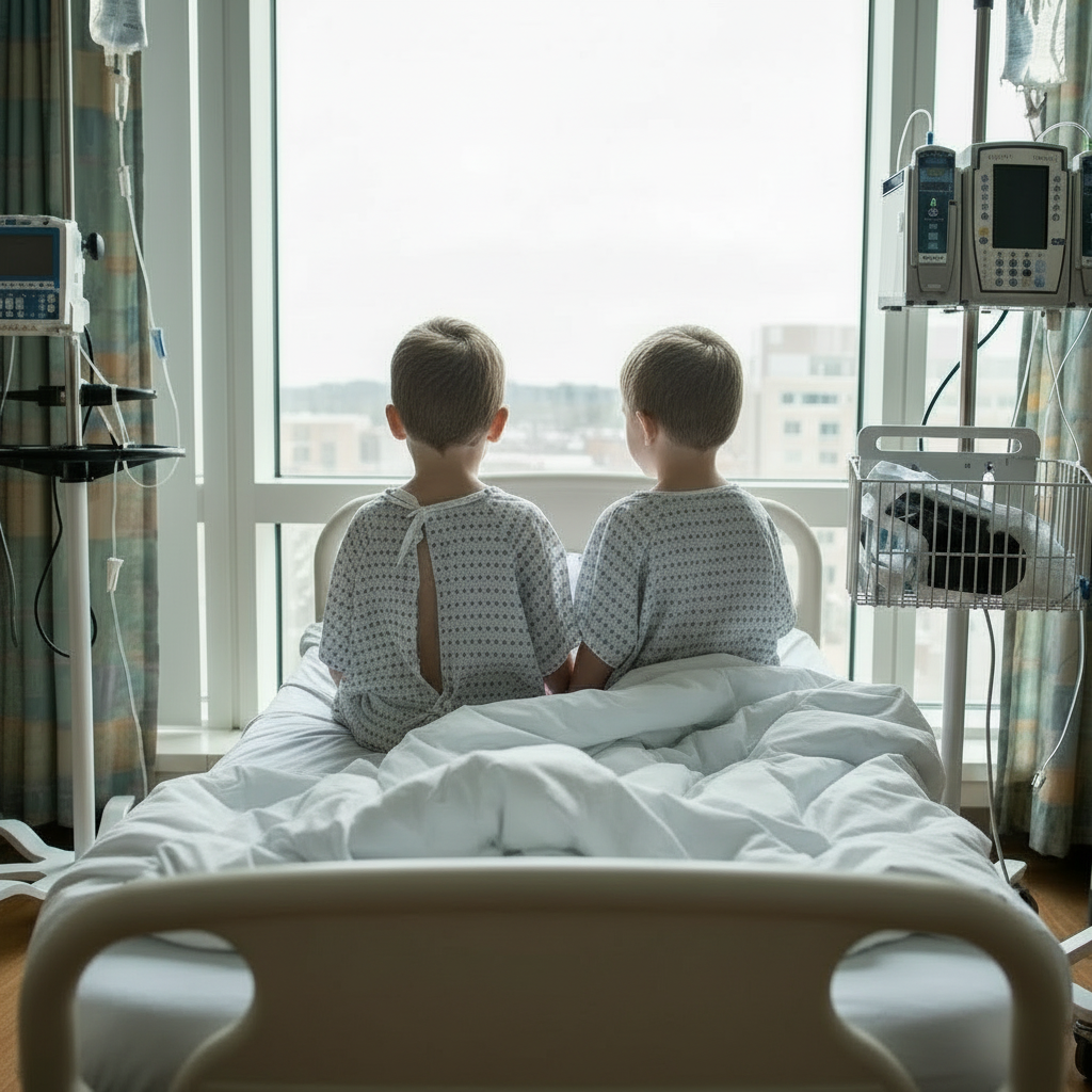 Two young children holding hands while looking out of a large hospital room window.