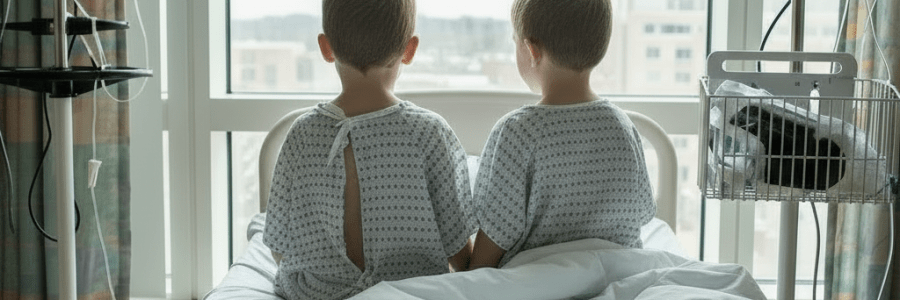 Two young children holding hands while looking out of a large hospital room window.