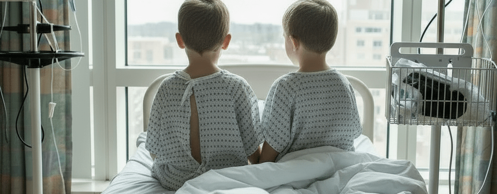 Two young children holding hands while looking out of a large hospital room window.