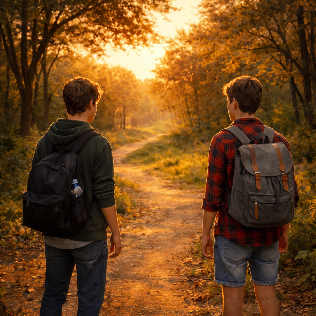 Two young people with backpacks walking on a dirt forest trail during sunset