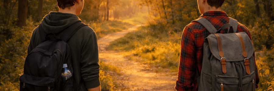 Two young people with backpacks walking on a dirt forest trail during sunset