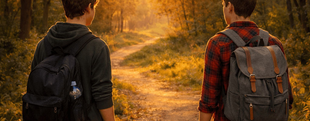 Two young people with backpacks walking on a dirt forest trail during sunset