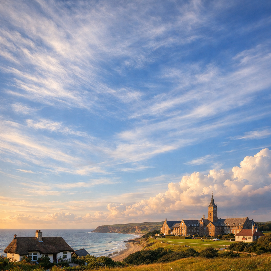 Coastal village with stone church steeple and thatched cottages by the ocean